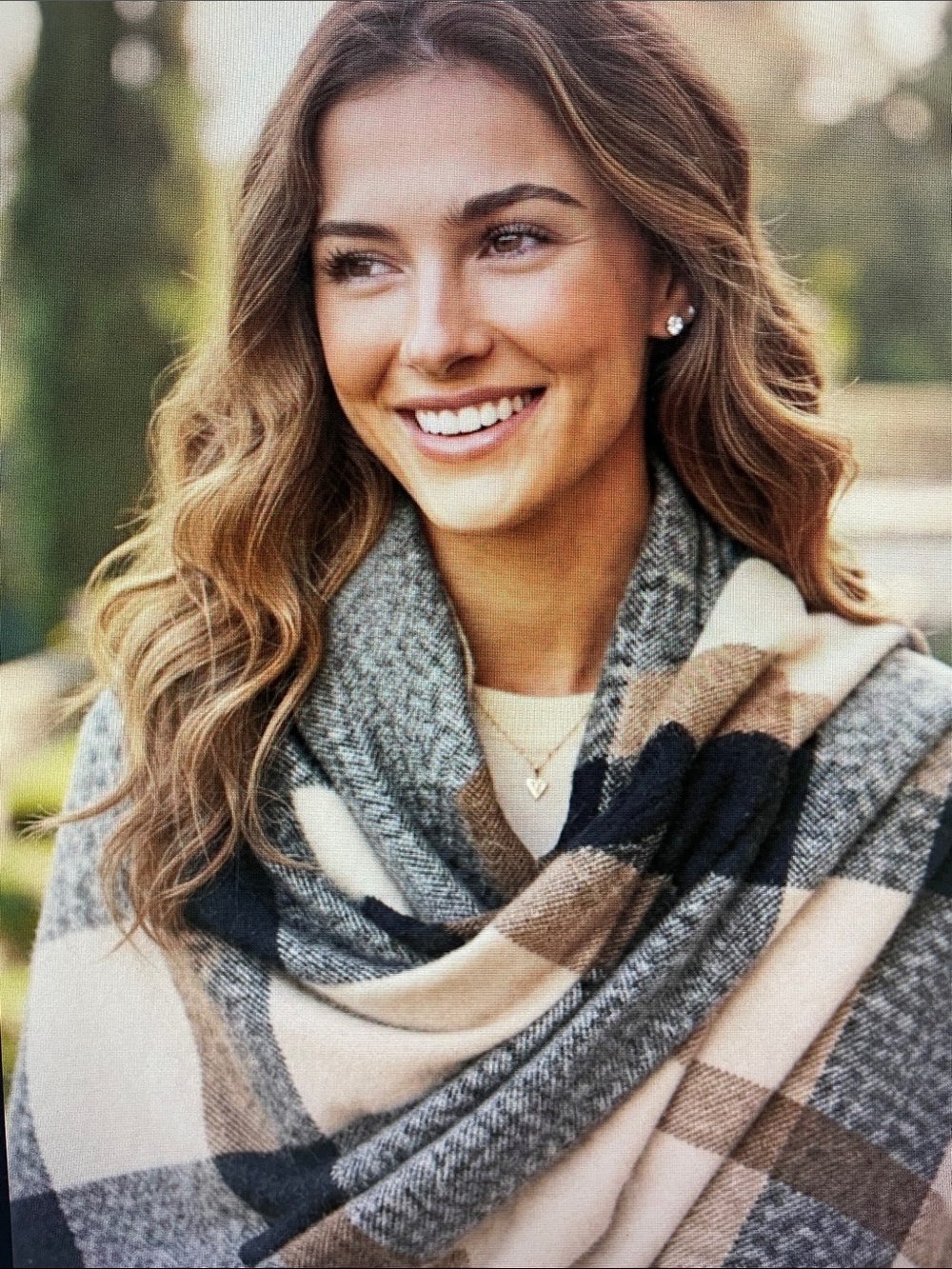 Plaid Blanket Scarf Shawl Wrap – Neutral Tan Black Cream Cozy Fall Layer